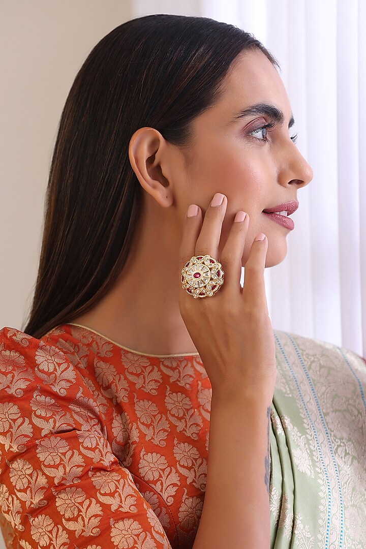 Gold Finish Kundan Polki Ring by Swabhimann Jewellery at Pernia's Pop Up Shop