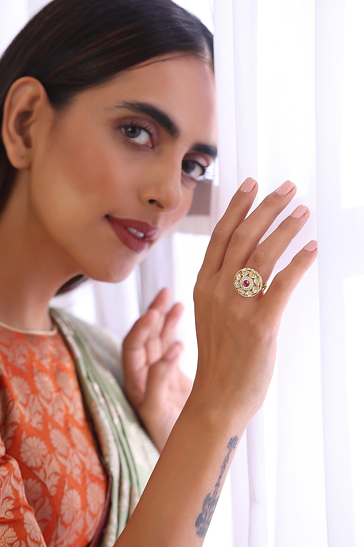 Gold Finish Kundan Polki Ring by Swabhimann Jewellery at Pernia's Pop Up Shop