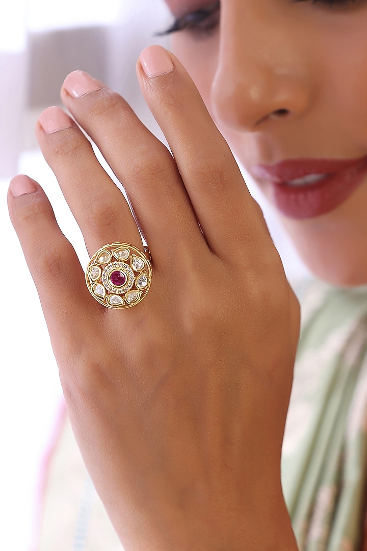 Gold Finish Kundan Polki Ring by Swabhimann Jewellery at Pernia's Pop Up Shop
