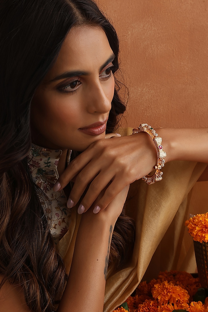 Gold Finish Multi-Colored Kundan Polki Bangle by Swabhimann Jewellery at Pernia's Pop Up Shop