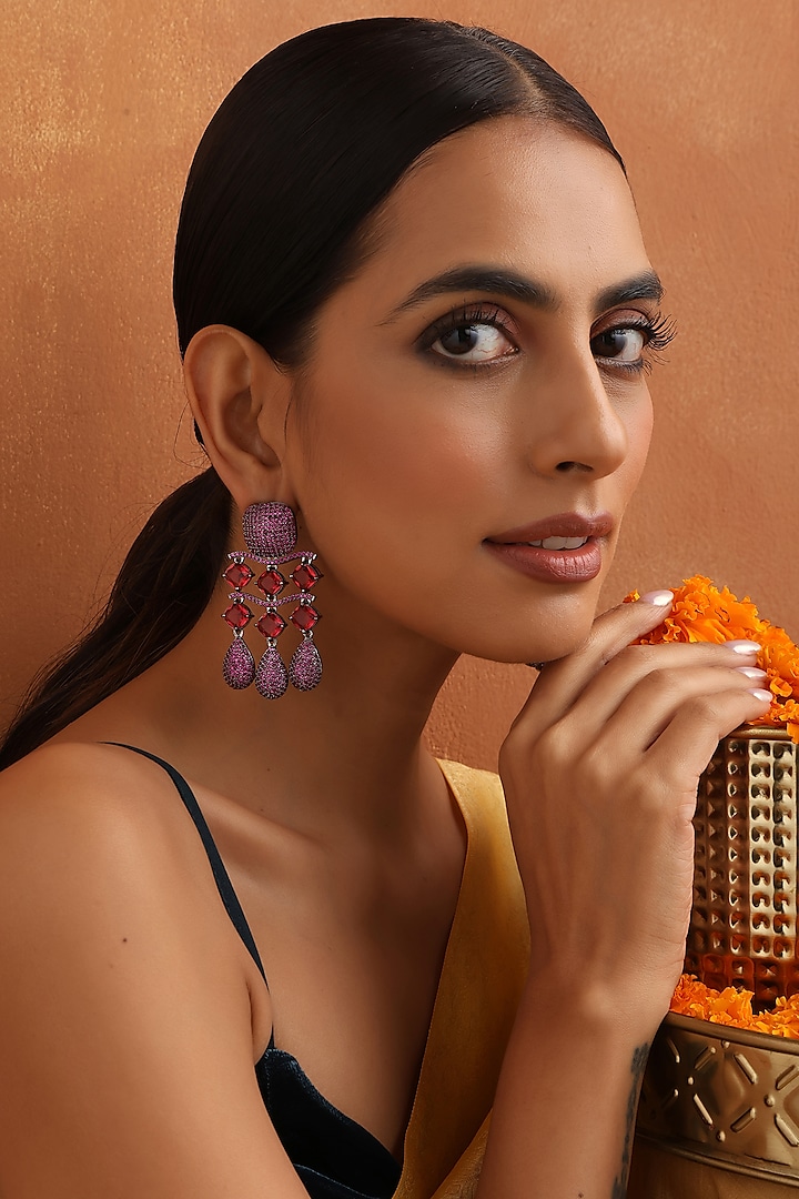 Black Rhodium Finish Magenta Zircon Dangler Earrings by Swabhimann Jewellery at Pernia's Pop Up Shop