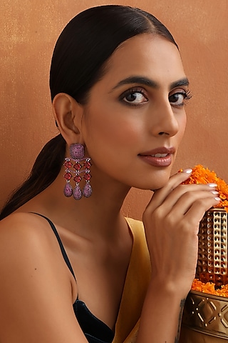Black Rhodium Finish Magenta Zircon Dangler Earrings by Swabhimann Jewellery