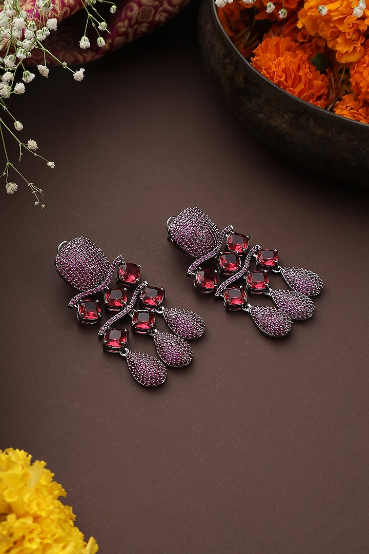 Black Rhodium Finish Magenta Zircon Dangler Earrings by Swabhimann Jewellery at Pernia's Pop Up Shop