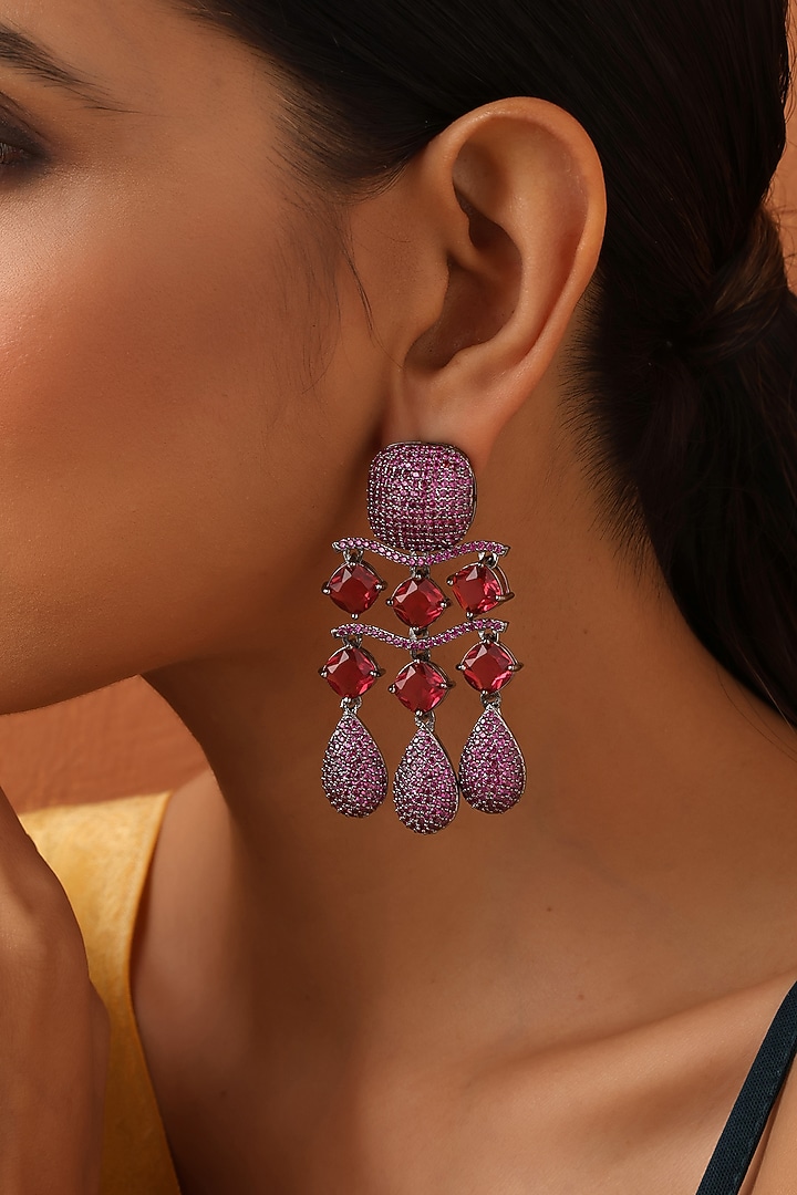 Black Rhodium Finish Magenta Zircon Dangler Earrings by Swabhimann Jewellery at Pernia's Pop Up Shop