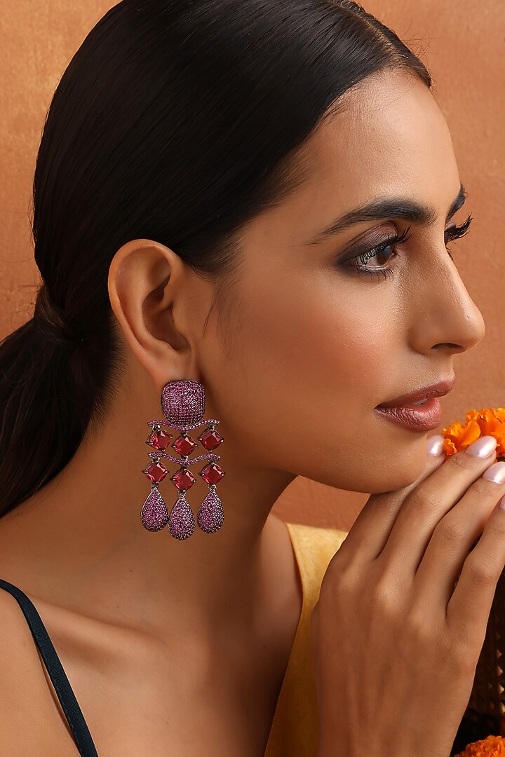 Black Rhodium Finish Magenta Zircon Dangler Earrings by Swabhimann Jewellery at Pernia's Pop Up Shop