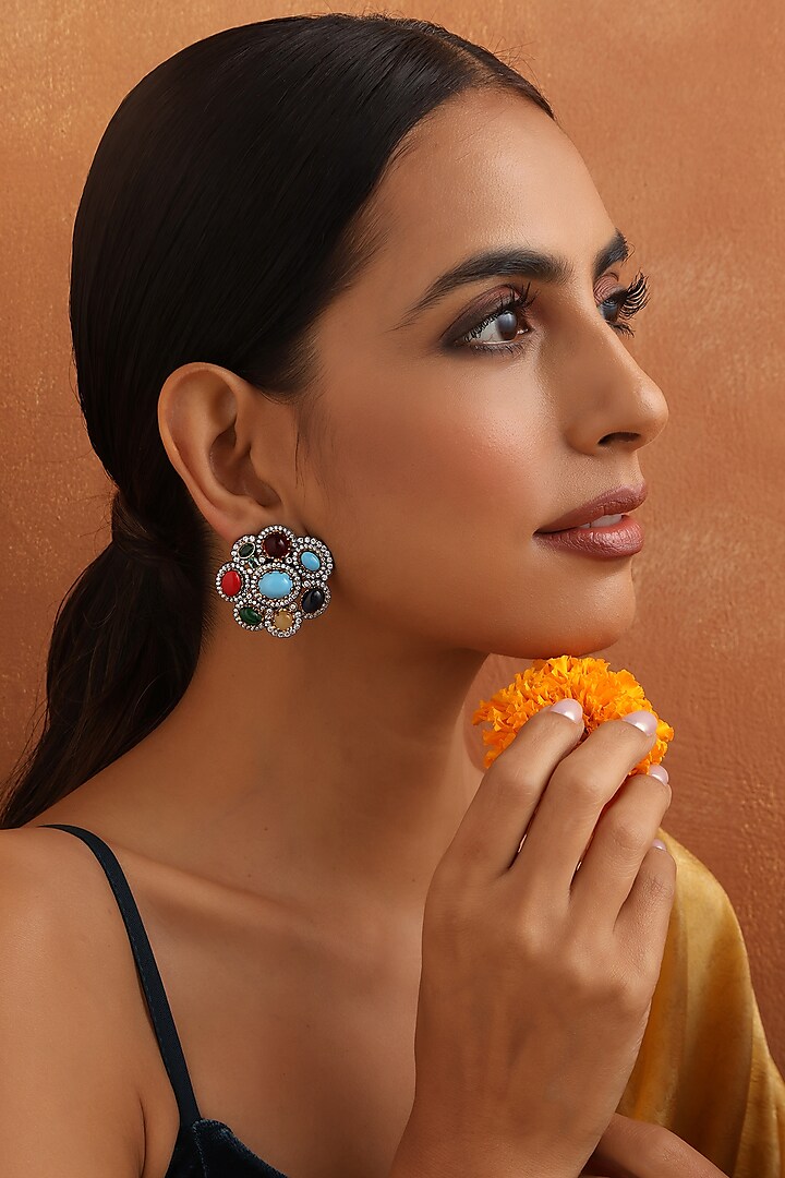 Black Rhodium Finish Multi-Colored Zircon Stud Earrings by Swabhimann Jewellery at Pernia's Pop Up Shop