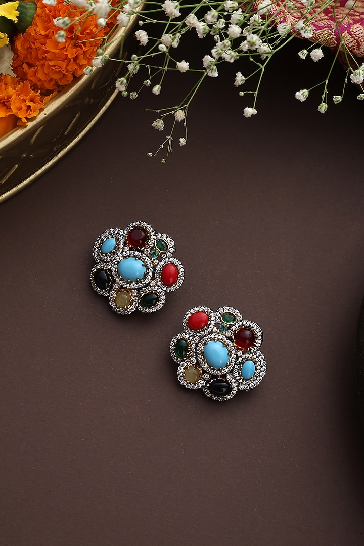 Black Rhodium Finish Multi-Colored Zircon Stud Earrings by Swabhimann Jewellery at Pernia's Pop Up Shop