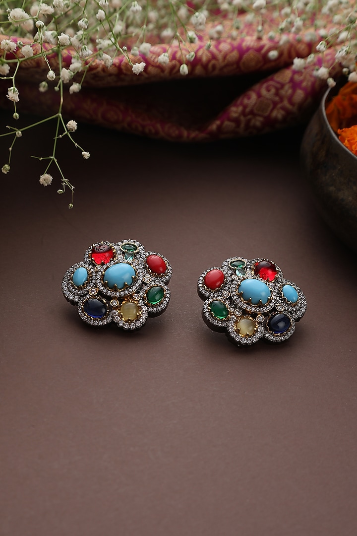 Black Rhodium Finish Multi-Colored Zircon Stud Earrings by Swabhimann Jewellery at Pernia's Pop Up Shop