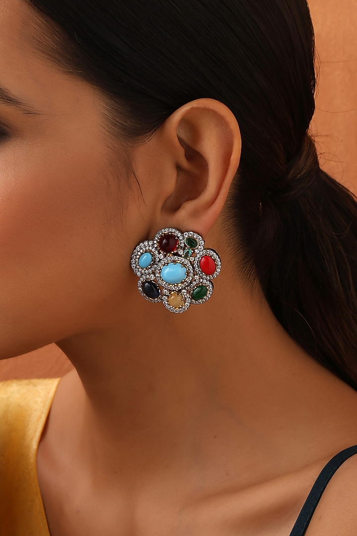 Black Rhodium Finish Multi-Colored Zircon Stud Earrings by Swabhimann Jewellery at Pernia's Pop Up Shop