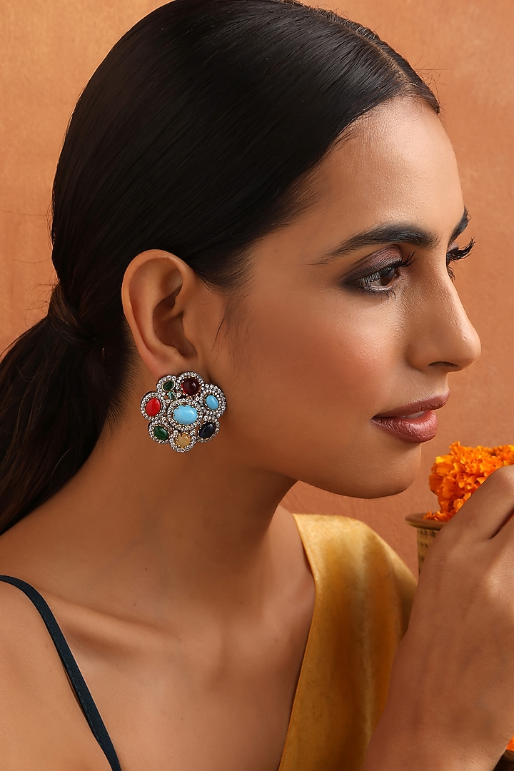 Black Rhodium Finish Multi-Colored Zircon Stud Earrings by Swabhimann Jewellery at Pernia's Pop Up Shop