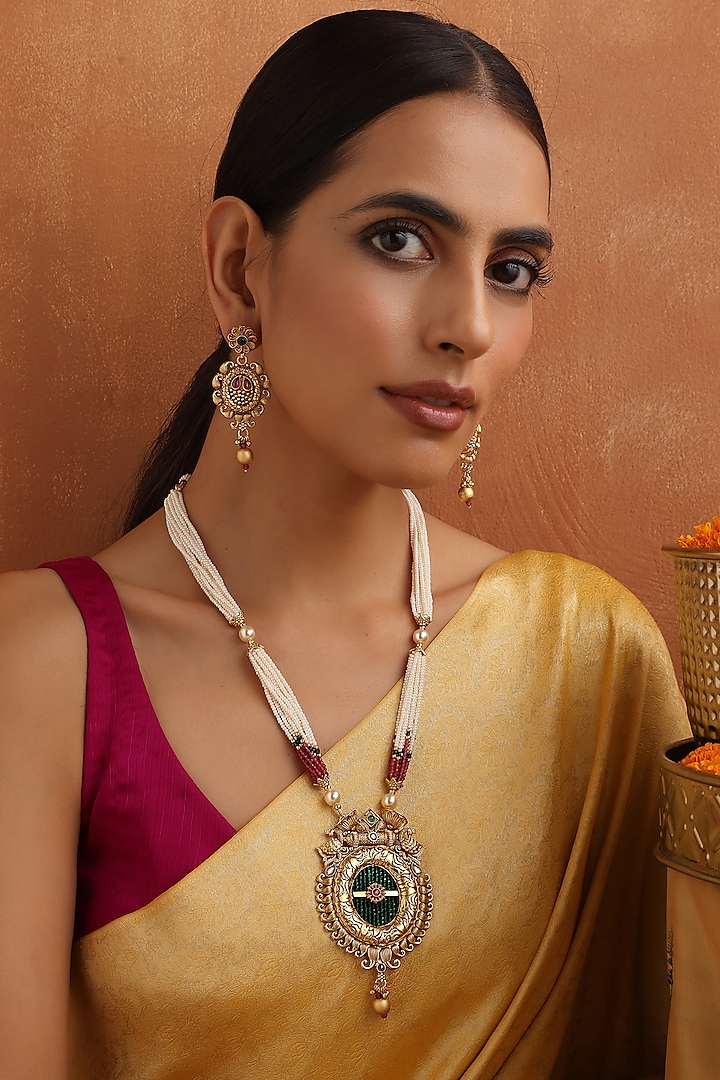 Gold Finish Multi-Colored Stone Long Temple Necklace Set by Swabhimann Jewellery at Pernia's Pop Up Shop