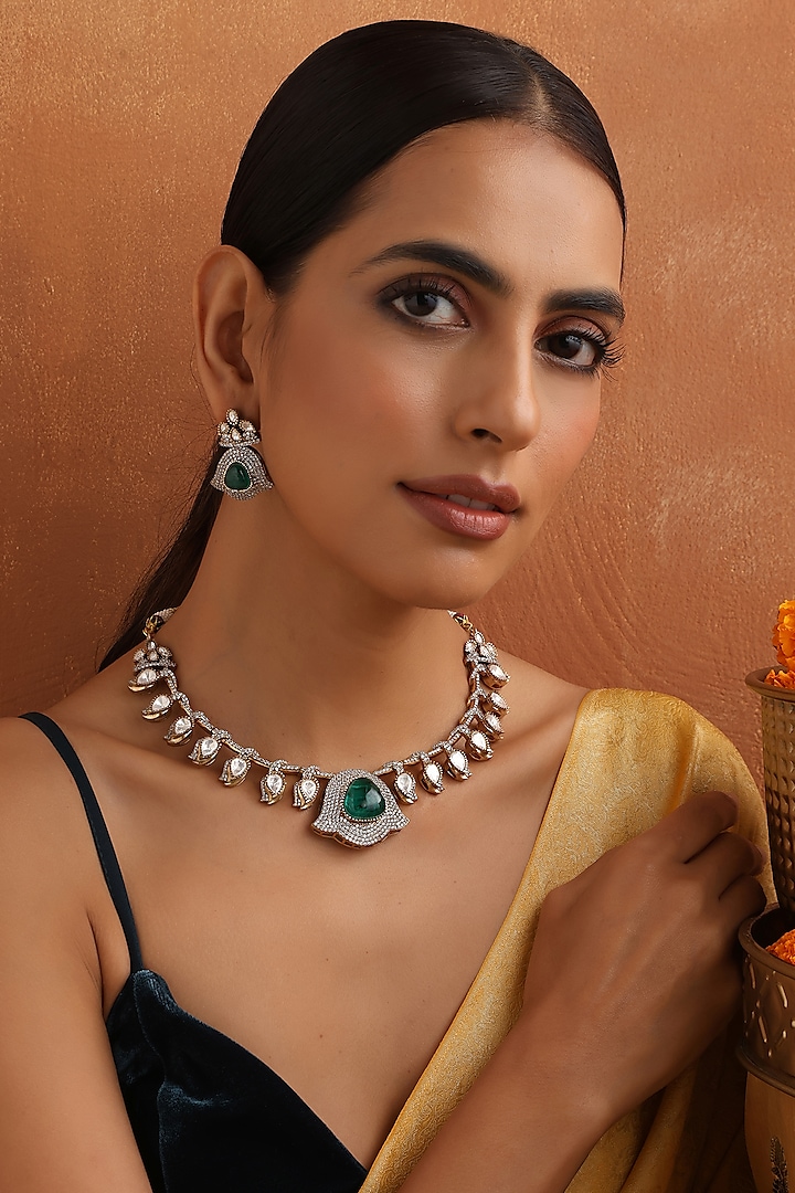 Gold Finish Kundan Polki & Emerald Necklace Set by Swabhimann Jewellery at Pernia's Pop Up Shop