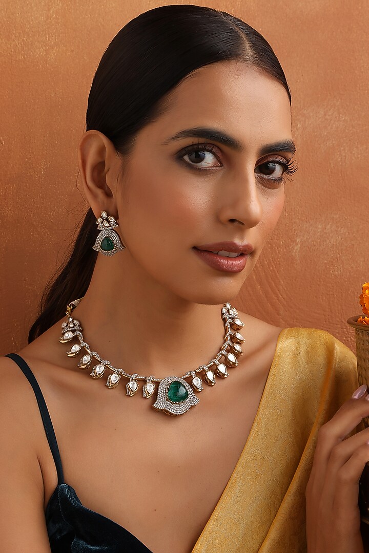Gold Finish Kundan Polki & Emerald Necklace Set by Swabhimann Jewellery at Pernia's Pop Up Shop