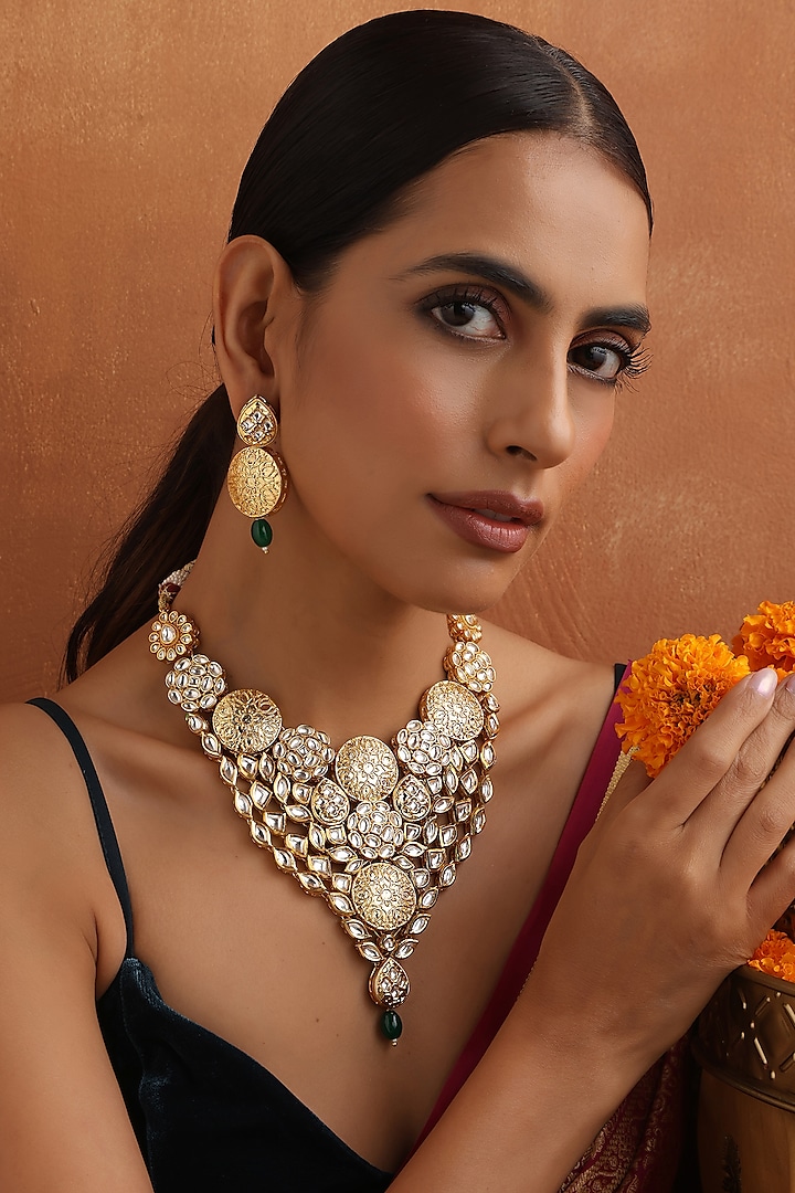 Gold Finish Kundan Polki Necklace Set by Swabhimann Jewellery at Pernia's Pop Up Shop