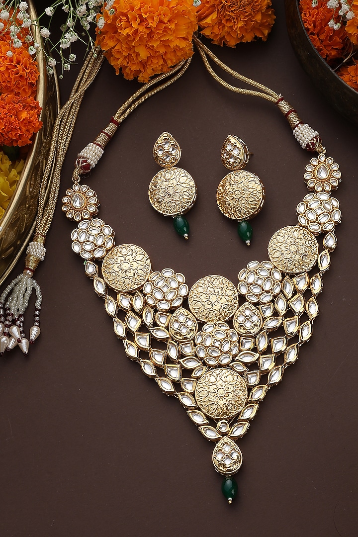 Gold Finish Kundan Polki Necklace Set by Swabhimann Jewellery at Pernia's Pop Up Shop