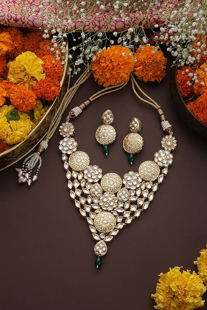 Gold Finish Kundan Polki Necklace Set by Swabhimann Jewellery at Pernia's Pop Up Shop