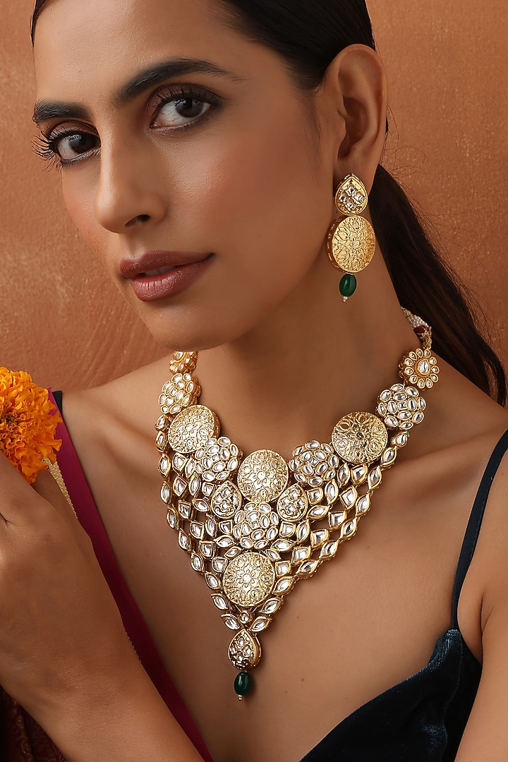 Gold Finish Kundan Polki Necklace Set by Swabhimann Jewellery at Pernia's Pop Up Shop