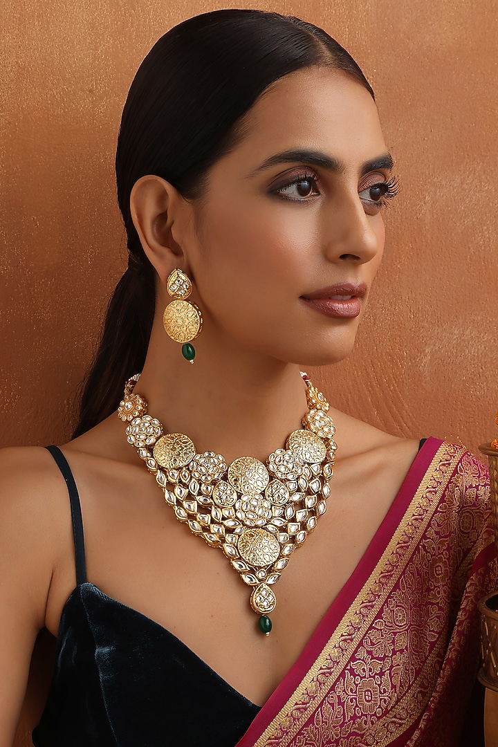 Gold Finish Kundan Polki Necklace Set by Swabhimann Jewellery at Pernia's Pop Up Shop