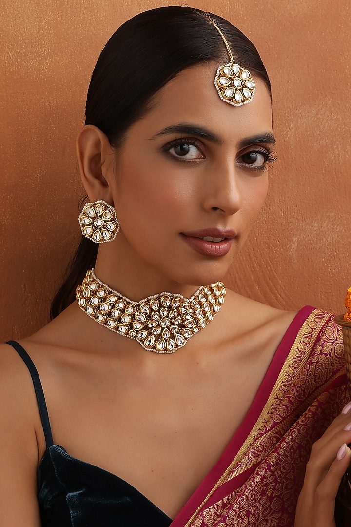 Gold Finish Kundan Polki Choker Necklace Set by Swabhimann Jewellery at Pernia's Pop Up Shop