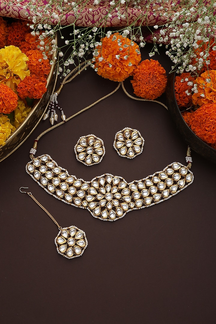 Gold Finish Kundan Polki Choker Necklace Set by Swabhimann Jewellery at Pernia's Pop Up Shop