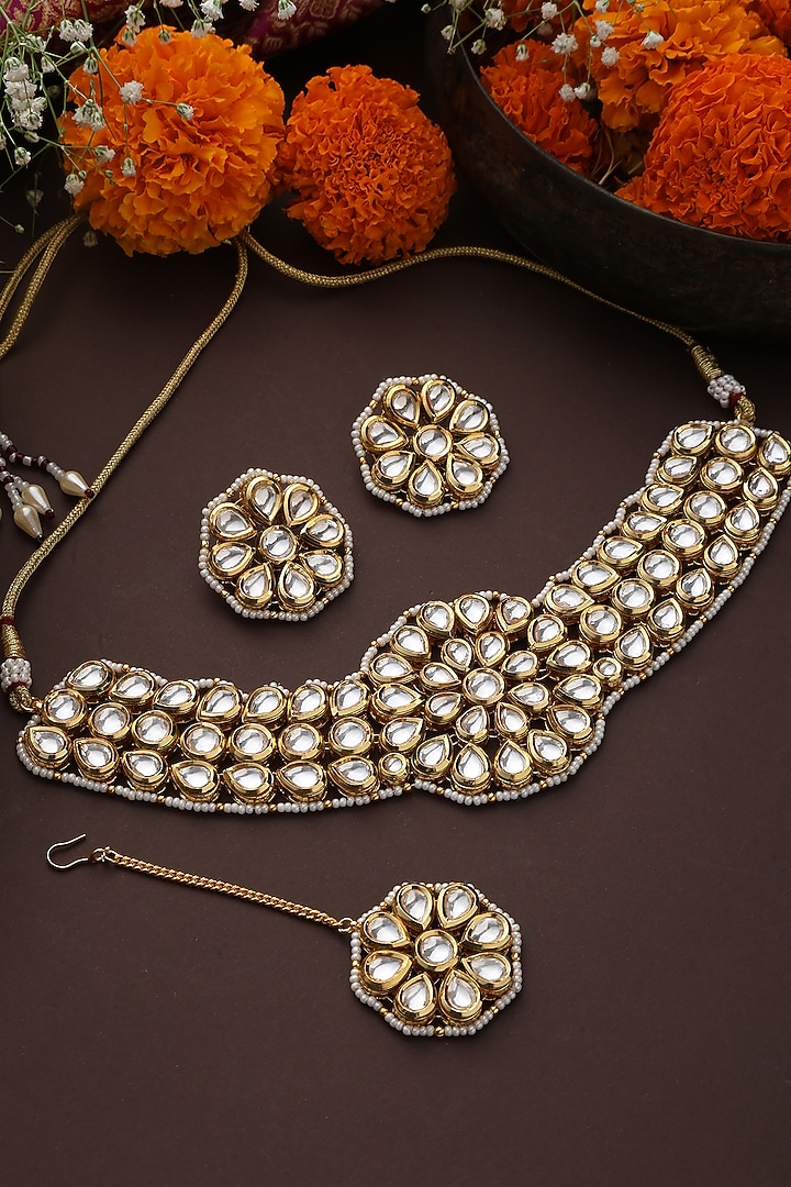Gold Finish Kundan Polki Choker Necklace Set by Swabhimann Jewellery at Pernia's Pop Up Shop