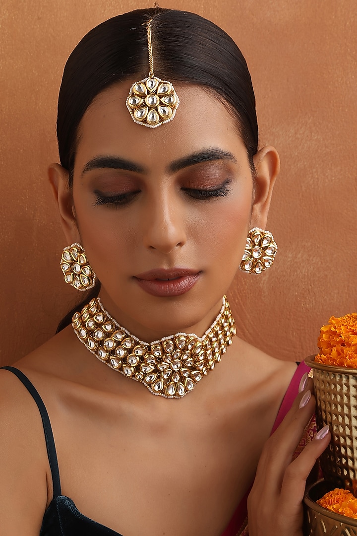 Gold Finish Kundan Polki Choker Necklace Set by Swabhimann Jewellery at Pernia's Pop Up Shop