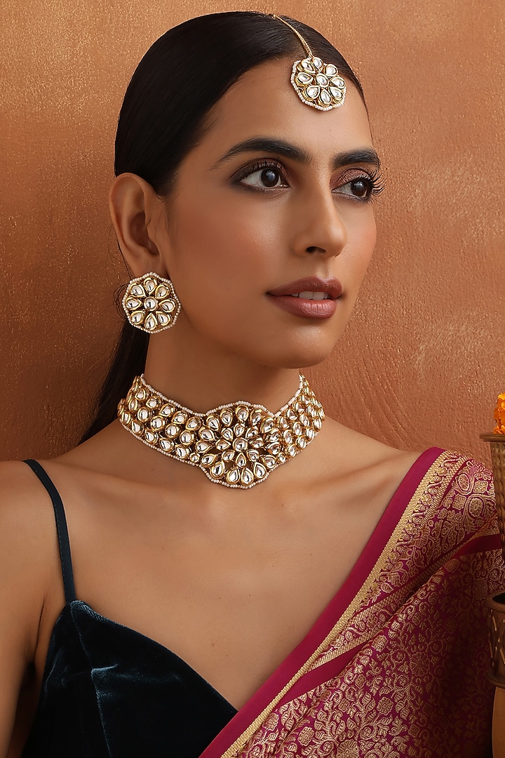 Gold Finish Kundan Polki Choker Necklace Set by Swabhimann Jewellery at Pernia's Pop Up Shop