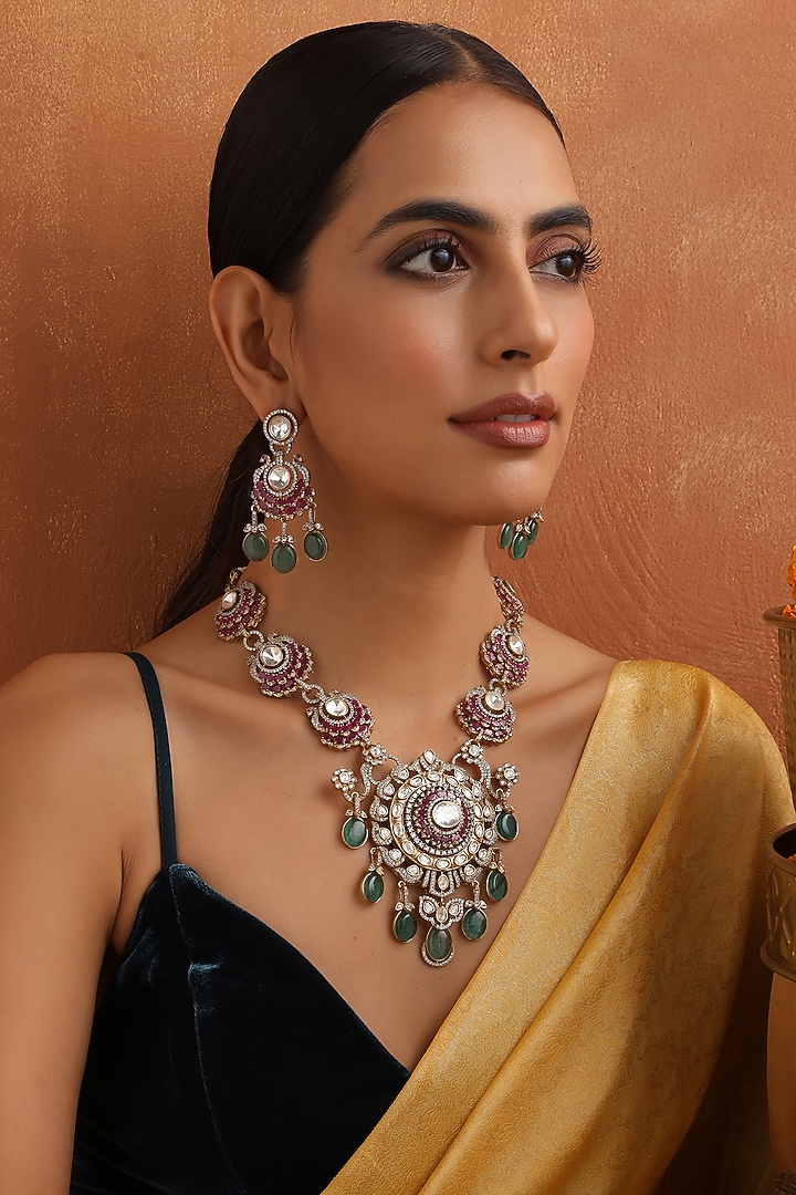 Rose Gold Finish Multi-Colored Kundan Polki Long Pendant Necklace Set by Swabhimann Jewellery at Pernia's Pop Up Shop