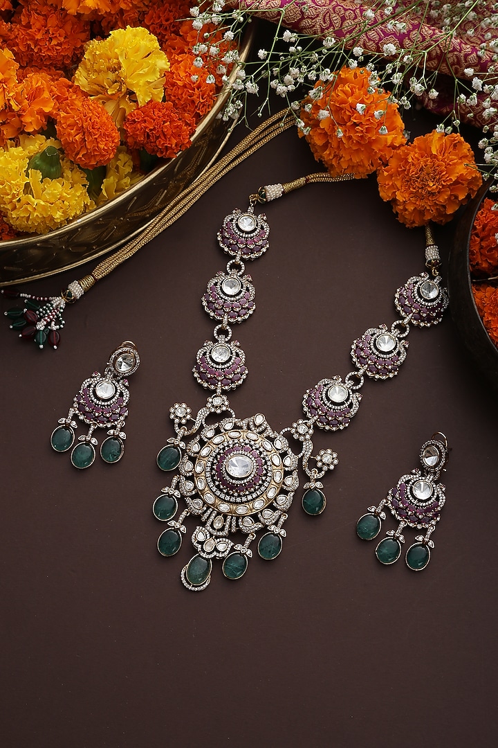 Rose Gold Finish Multi-Colored Kundan Polki Long Pendant Necklace Set by Swabhimann Jewellery at Pernia's Pop Up Shop