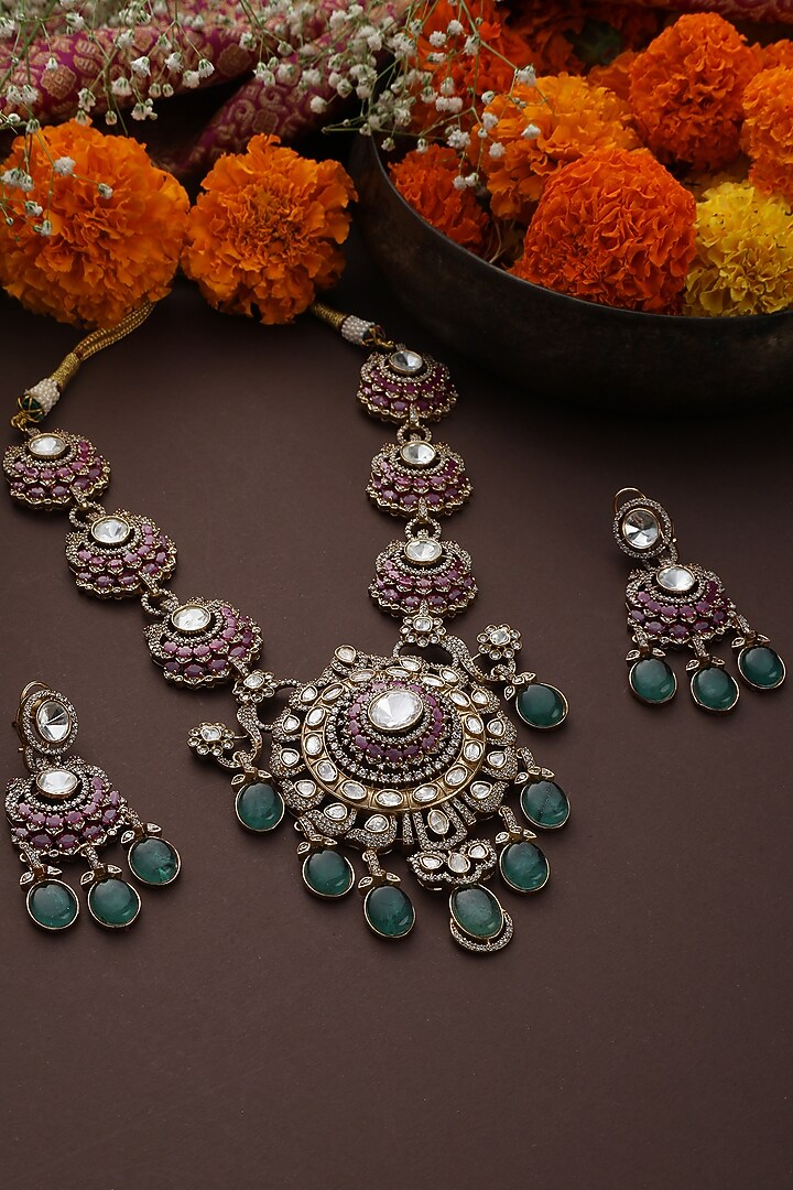 Rose Gold Finish Multi-Colored Kundan Polki Long Pendant Necklace Set by Swabhimann Jewellery at Pernia's Pop Up Shop