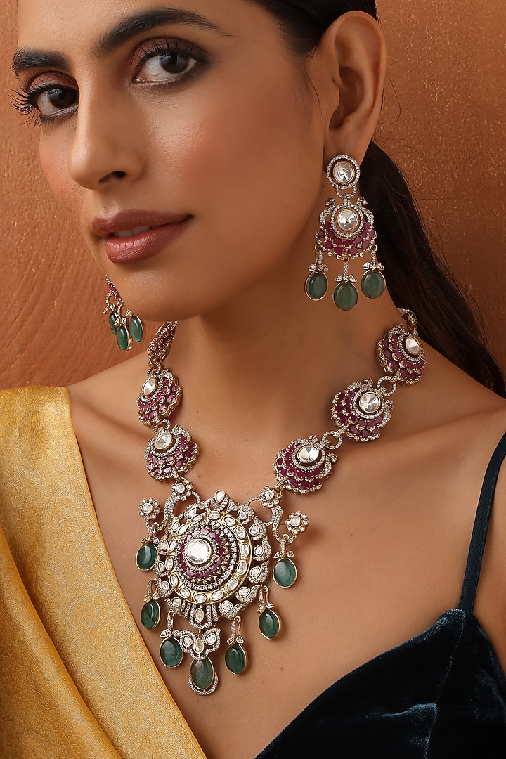Rose Gold Finish Multi-Colored Kundan Polki Long Pendant Necklace Set by Swabhimann Jewellery at Pernia's Pop Up Shop