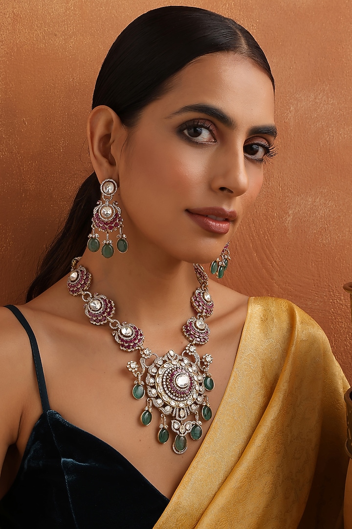 Rose Gold Finish Multi-Colored Kundan Polki Long Pendant Necklace Set by Swabhimann Jewellery at Pernia's Pop Up Shop