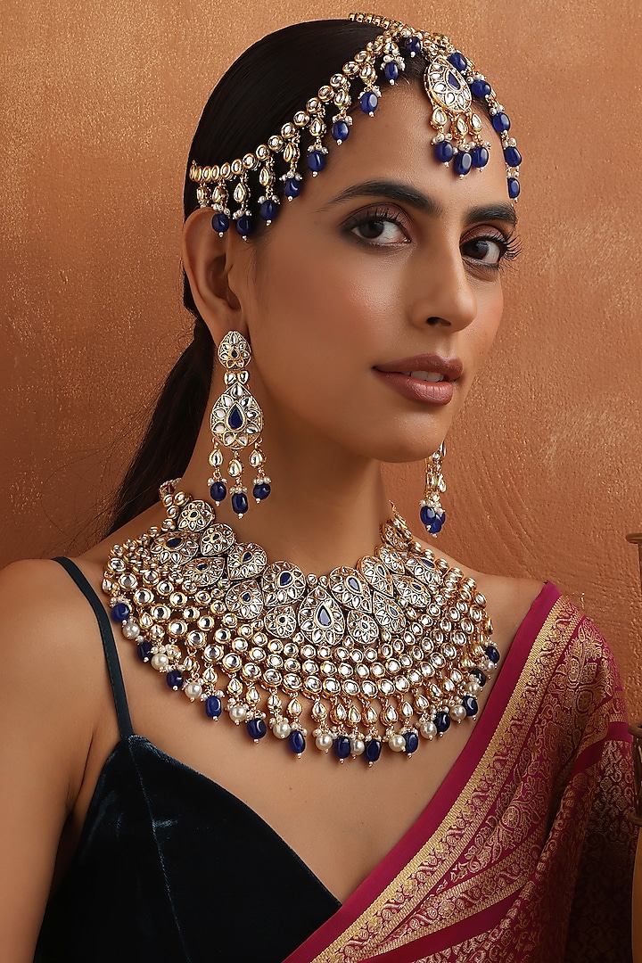 Gold Finish Blue Kundan Polki Necklace Set by Swabhimann Jewellery at Pernia's Pop Up Shop