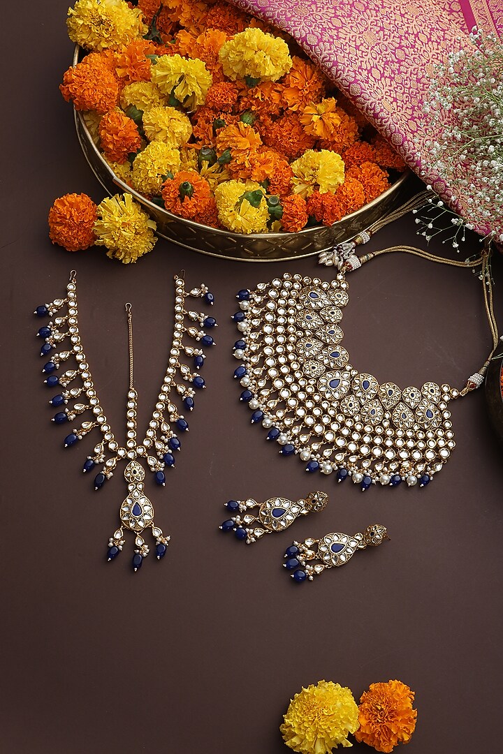Gold Finish Blue Kundan Polki Necklace Set by Swabhimann Jewellery at Pernia's Pop Up Shop