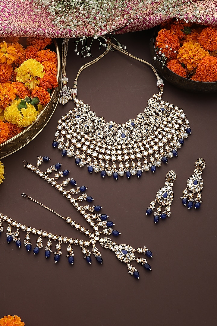 Gold Finish Blue Kundan Polki Necklace Set by Swabhimann Jewellery at Pernia's Pop Up Shop