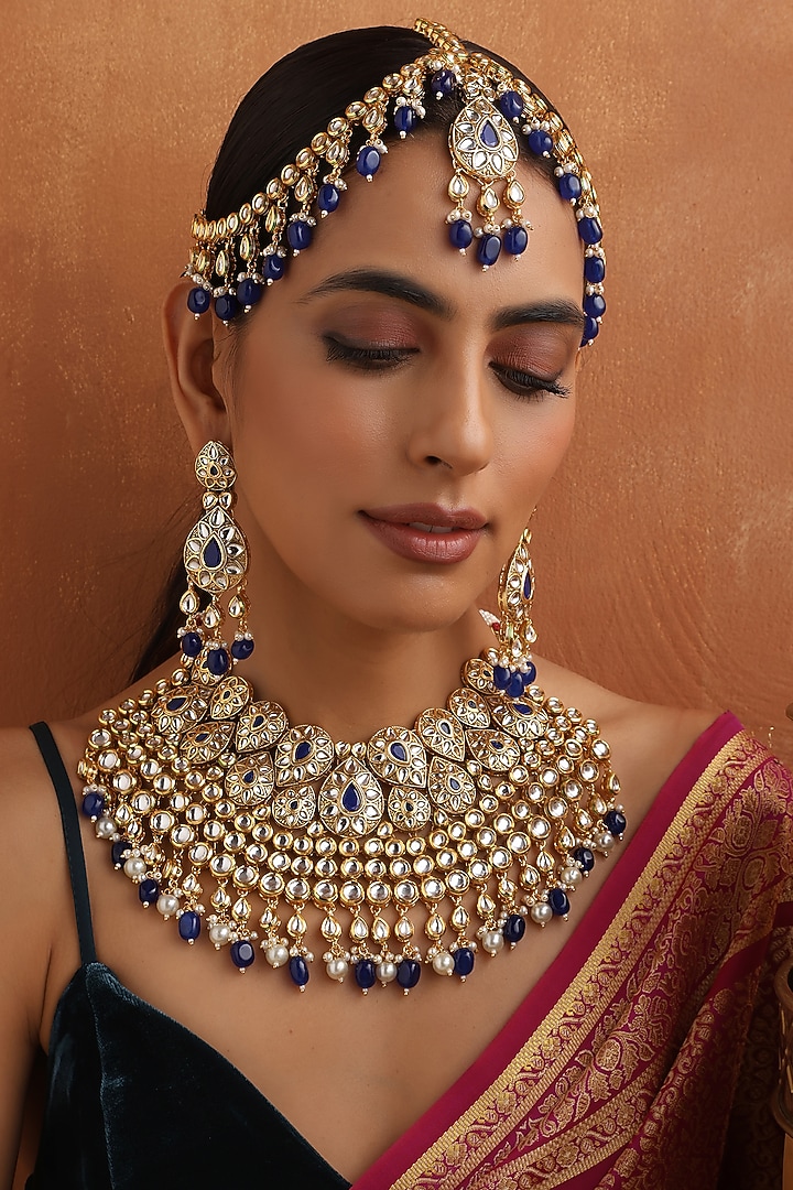 Gold Finish Blue Kundan Polki Necklace Set by Swabhimann Jewellery at Pernia's Pop Up Shop