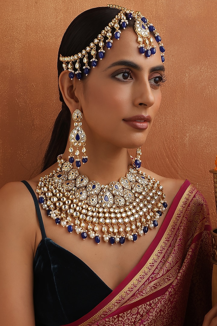 Gold Finish Blue Kundan Polki Necklace Set by Swabhimann Jewellery at Pernia's Pop Up Shop