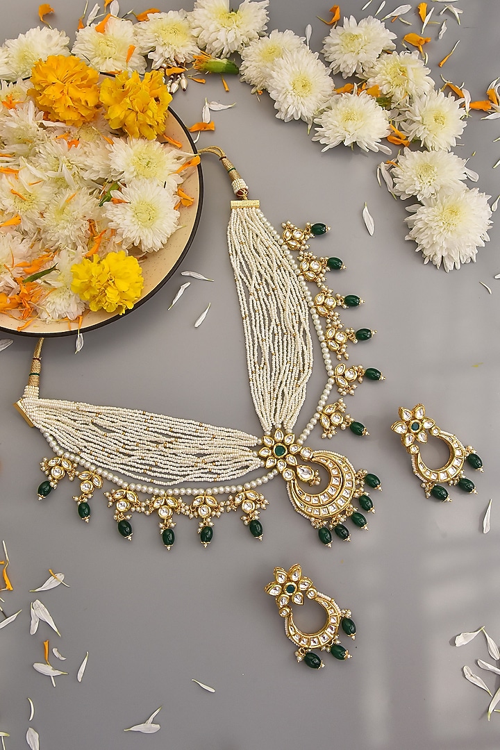 Gold Finish Kundan Polki Necklace Set by Swabhimann Jewellery at Pernia's Pop Up Shop