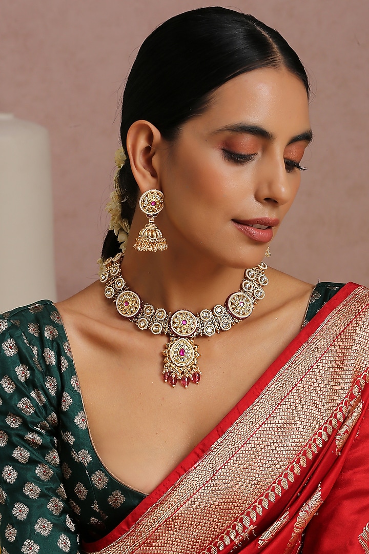 Gold Finish Kundan Polki Necklace Set by Swabhimann Jewellery at Pernia's Pop Up Shop