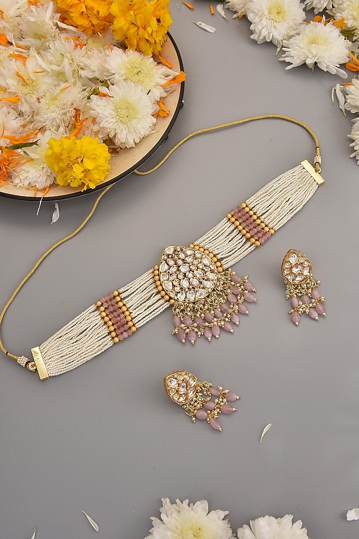 Gold Finish Choker Necklace Set With Pearls by Swabhimann Jewellery at Pernia's Pop Up Shop