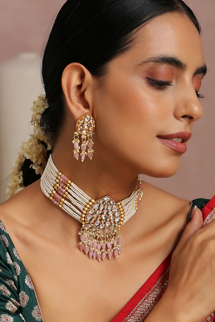 Gold Finish Choker Necklace Set With Pearls by Swabhimann Jewellery at Pernia's Pop Up Shop