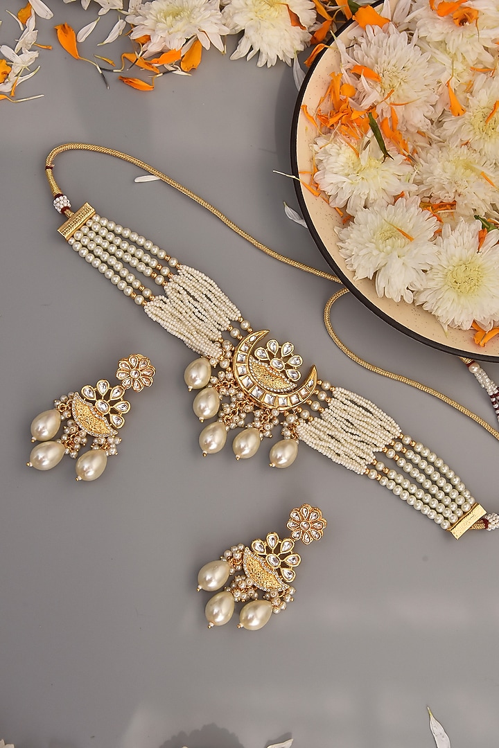 Gold Finish Kundan Polki & Pearl Necklace Set by Swabhimann Jewellery at Pernia's Pop Up Shop