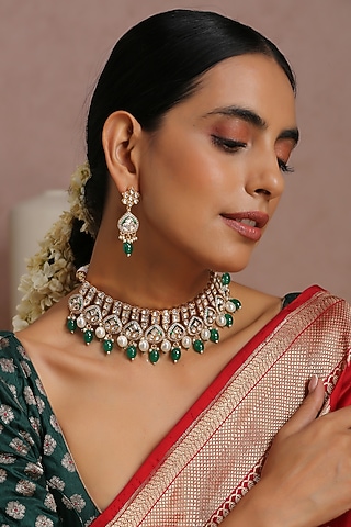 Gold Finish Pearl & Kundan Polki Choker Necklace Set by Swabhimann Jewellery