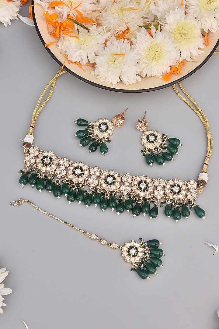 Gold Finish Kundan Polki Choker Necklace Set by Swabhimann Jewellery at Pernia's Pop Up Shop
