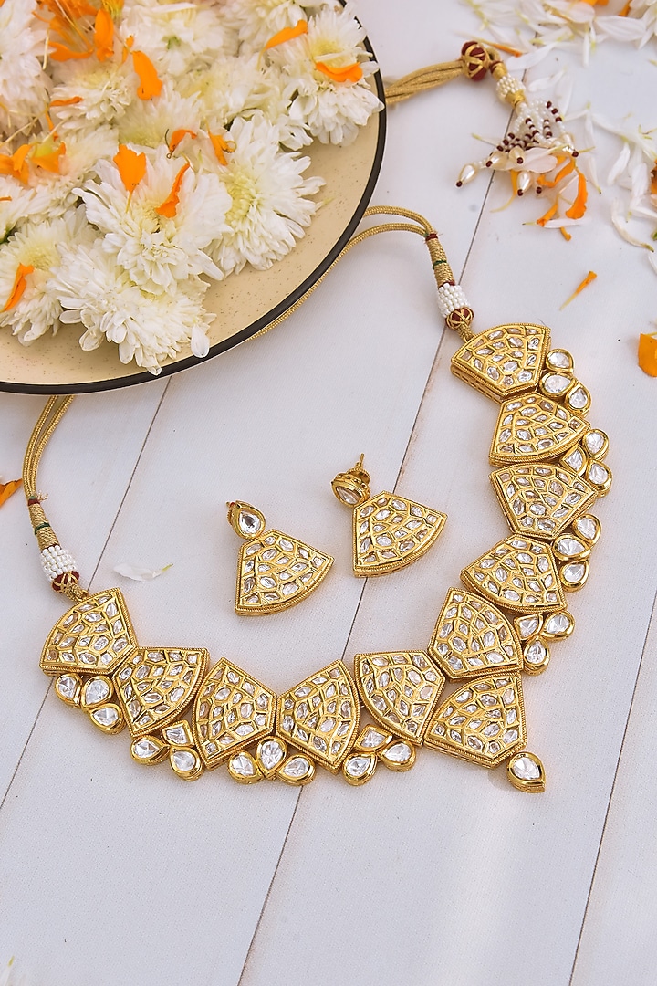 Gold Finish Kundan Polki Necklace Set by Swabhimann Jewellery at Pernia's Pop Up Shop
