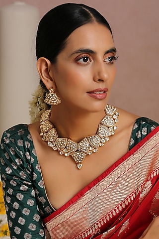 Gold Finish Kundan Polki Necklace Set by Swabhimann Jewellery