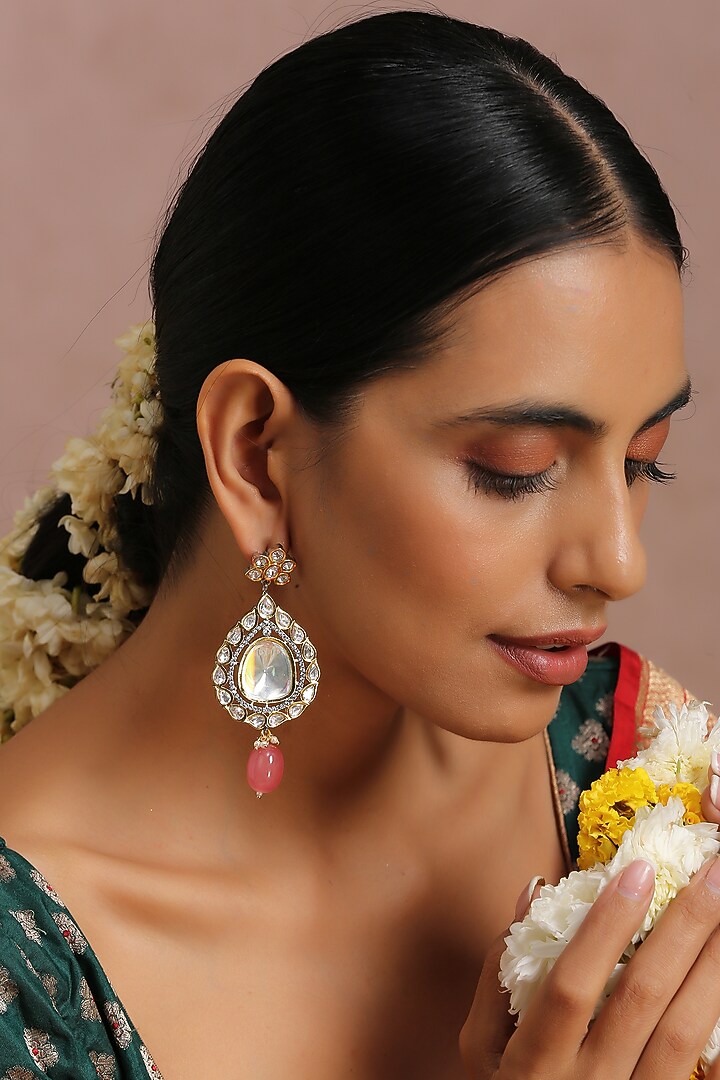 Gold Finish Kundan Polki Earrings by Swabhimann Jewellery at Pernia's Pop Up Shop
