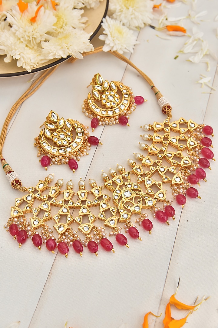 Gold Finish Kundan Polki Necklace Set by Swabhimann Jewellery at Pernia's Pop Up Shop