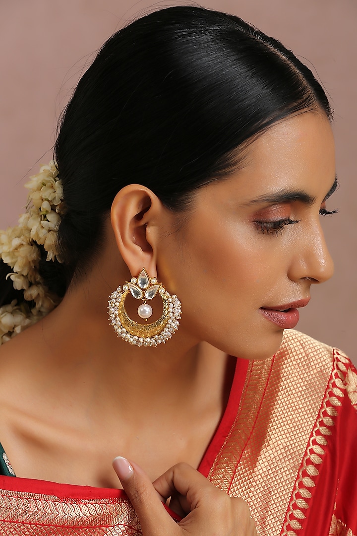 Gold Finish Earrings With Kundan Polki by Swabhimann Jewellery