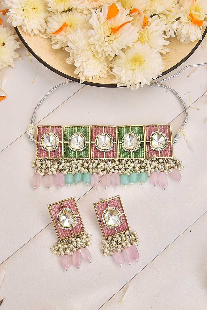 Gold Finish Choker Necklace Set by Swabhimann Jewellery at Pernia's Pop Up Shop